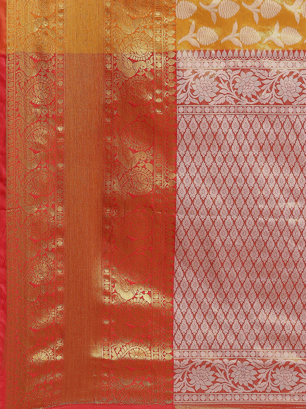 Mustard Brocade Woven Zari Floral Saree with Unstitched Blouse