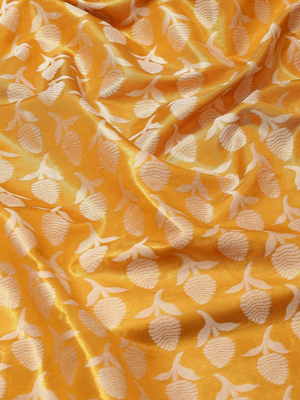 Mustard Brocade Woven Zari Floral Saree with Unstitched Blouse
