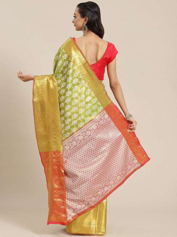 Green Brocade Saree with Floral Zari Weaving and Unstitched Blouse