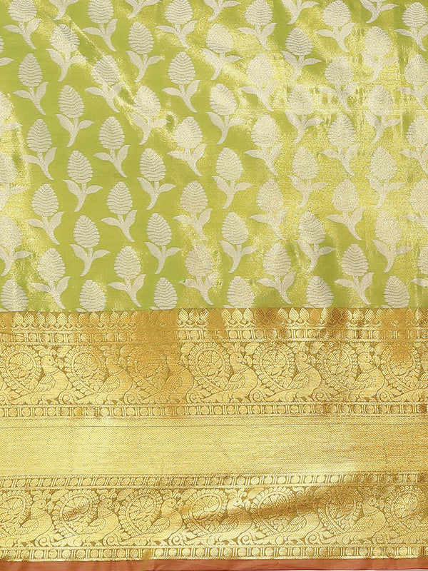 Green Brocade Saree with Floral Zari Weaving and Unstitched Blouse