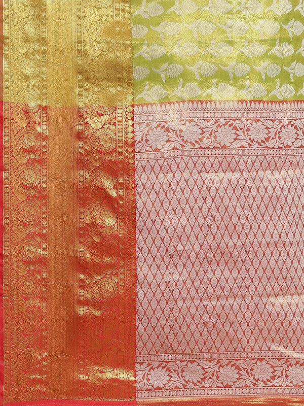 Green Brocade Saree with Floral Zari Weaving and Unstitched Blouse