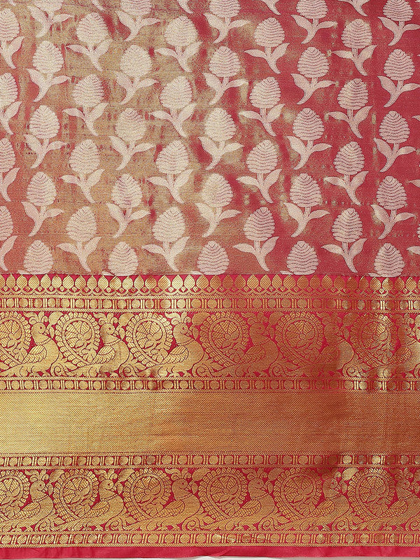 Pink Brocade Woven Zari Design Floral Saree with Unstitched Blouse - Hiral Fashion
