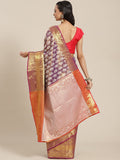 Purple brocade saree with floral zari weave and matching unstitched blouse