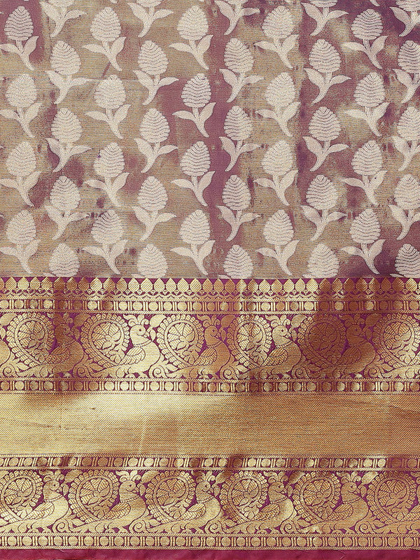 Purple Brocade Floral Woven Zari Saree with Unstitched Blouse