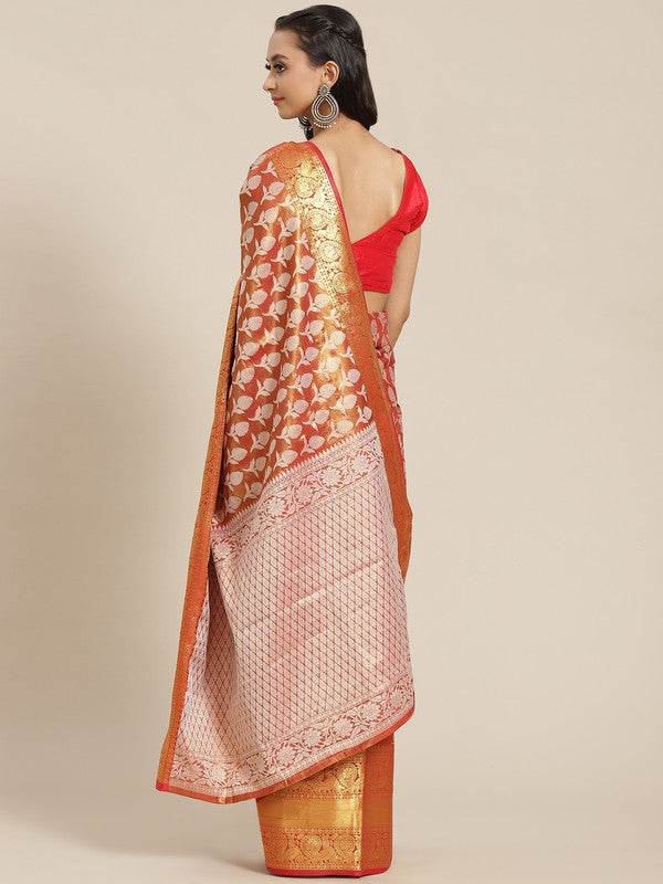 Red Brocade Saree with Floral Woven Zari Design