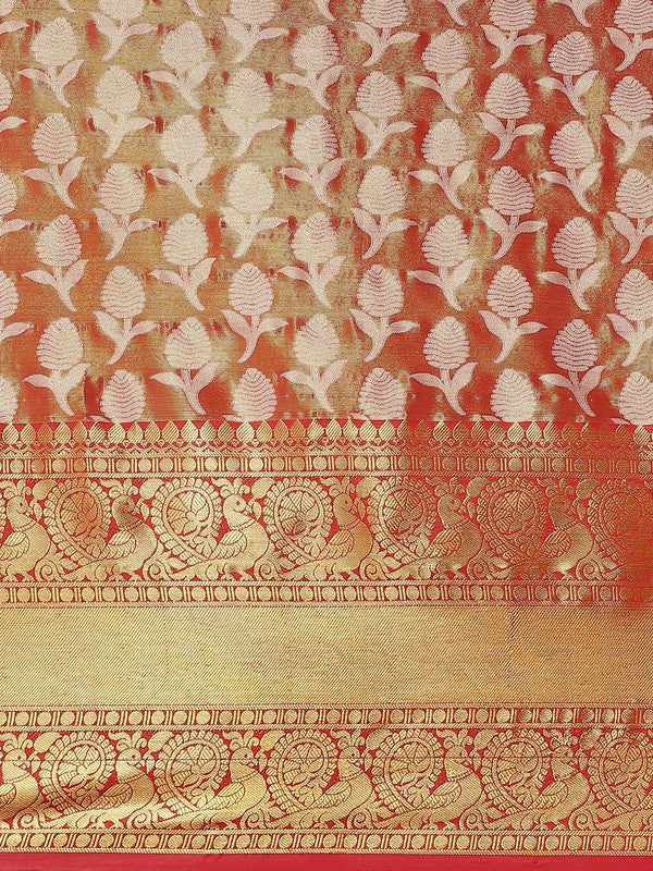 Red Brocade Saree with Floral Woven Zari Design