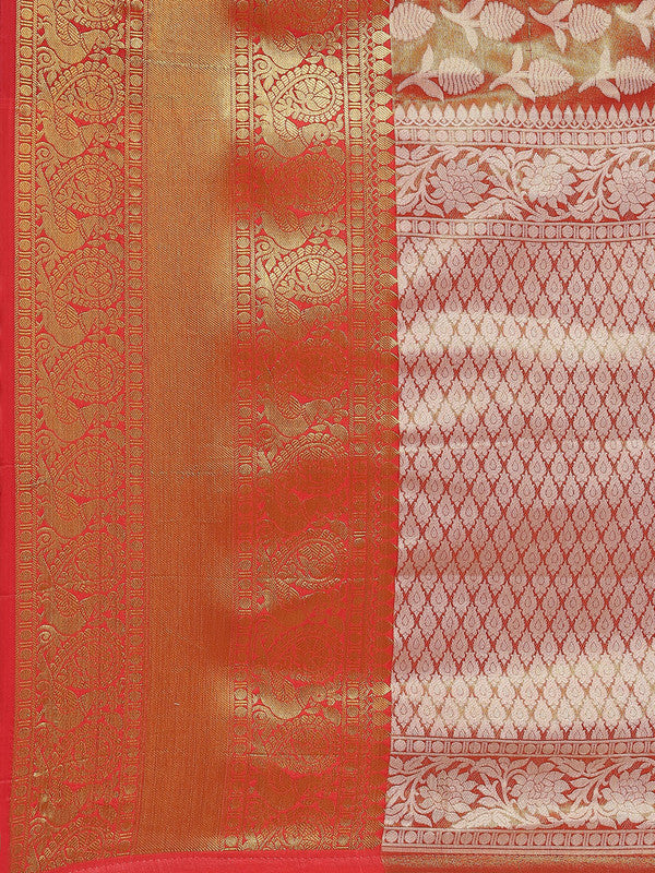 Red Brocade Saree with Floral Woven Zari Design