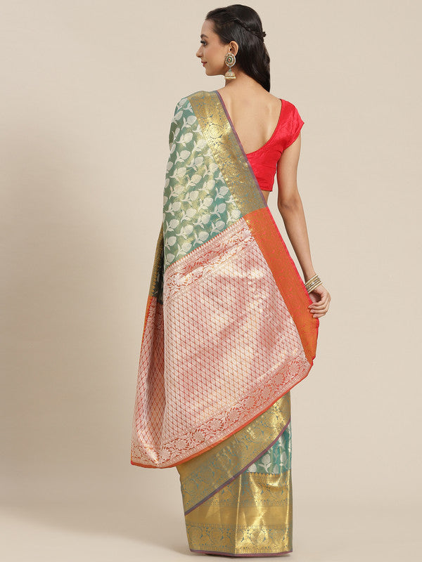 Turquoise Brocade Saree with Woven Zari Floral Design