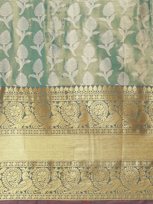 Turquoise Brocade Saree with Woven Zari Floral Design