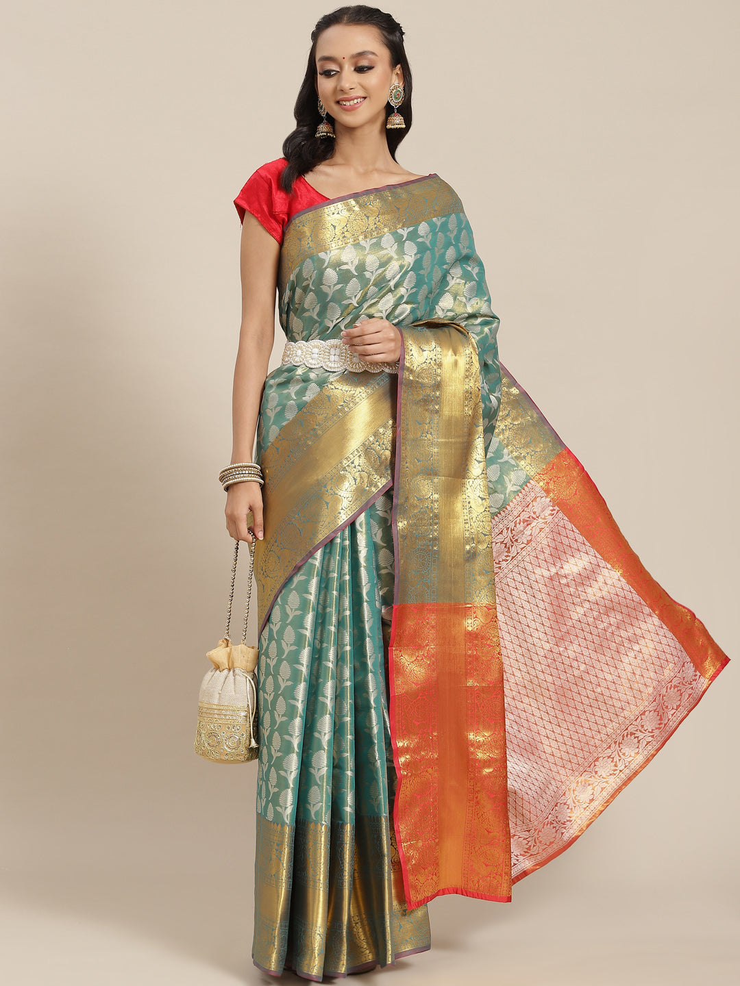 Turquoise brocade saree with woven zari floral design and unstitched blouse