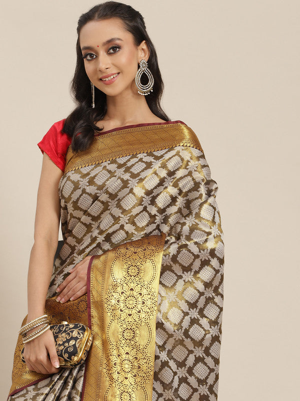 Black Brocade saree featuring woven Zari floral design