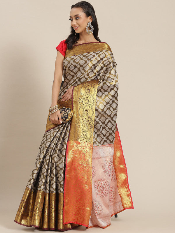 Black Brocade Woven Zari Floral Saree