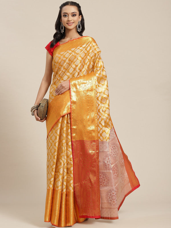 Mustard Brocade Saree with Woven Zari Floral Design