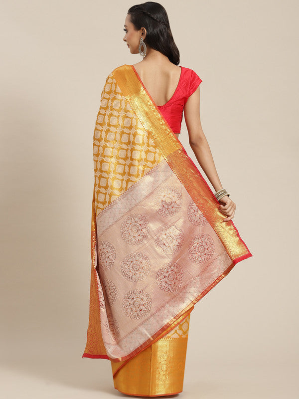 Mustard Brocade Saree with Woven Zari Floral Design