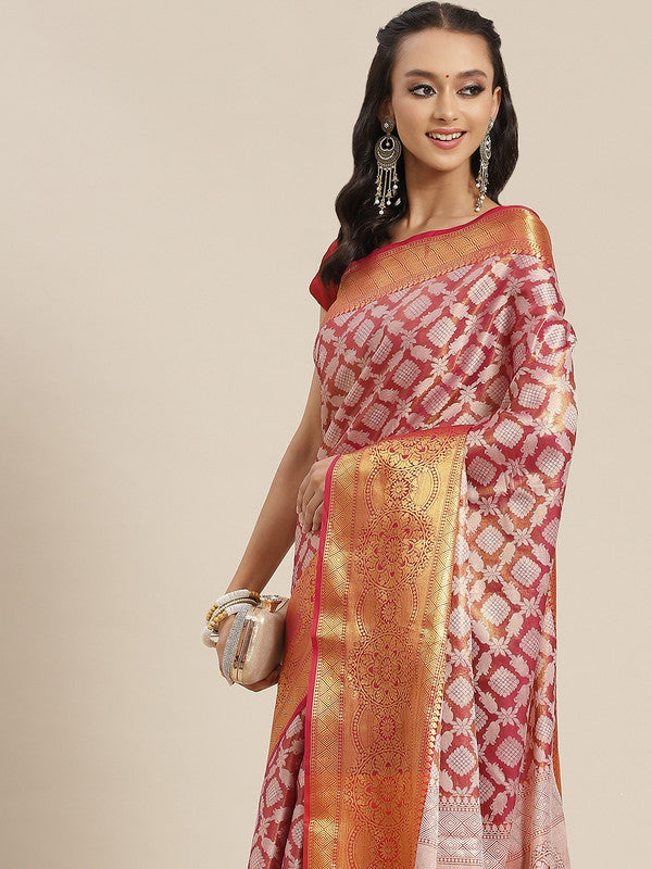Pink brocade saree with woven zari floral motifs and unstitched blouse piece