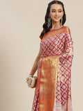 Pink brocade saree with woven zari floral motifs and unstitched blouse piece