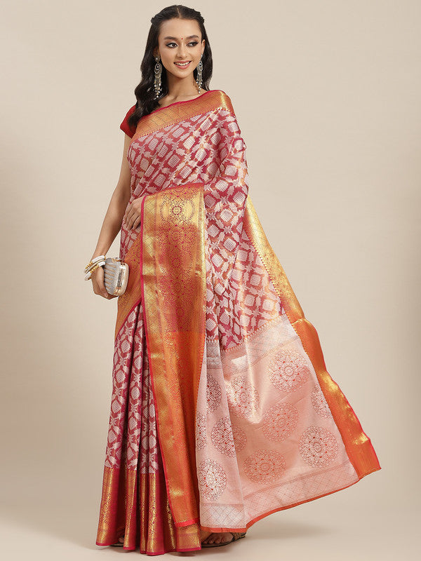 Pink Brocade Saree with Woven Zari Floral Pattern & Blouse