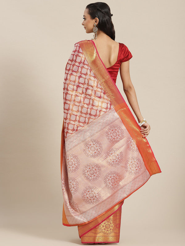 Pink Brocade Saree with Woven Zari Floral Pattern & Blouse