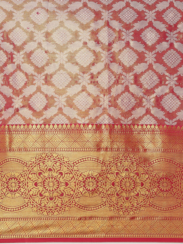 Pink Brocade Saree with Woven Zari Floral Pattern & Blouse