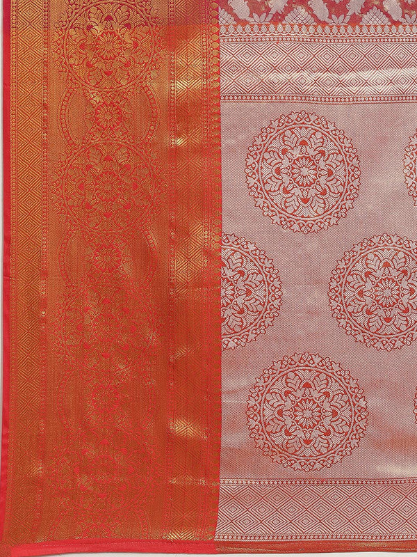 Pink Brocade Saree with Woven Zari Floral Pattern & Blouse