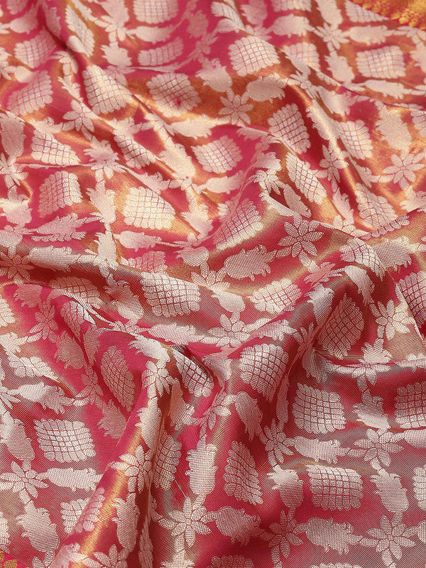 Pink Brocade Saree with Woven Zari Floral Pattern & Blouse