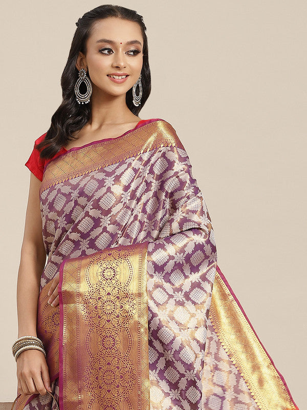 Purple brocade saree with floral patterns and woven zari border