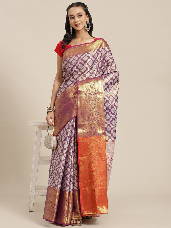 Purple Brocade Floral Saree with Woven Zari and Blouse Piece