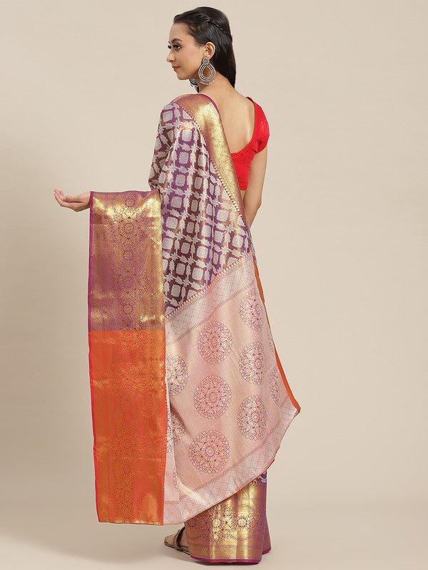 Purple Brocade Floral Saree with Woven Zari and Blouse Piece