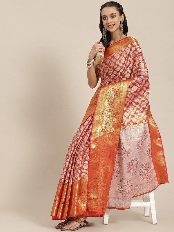 Red Brocade Saree with Woven Zari Floral Design and Blouse Piece