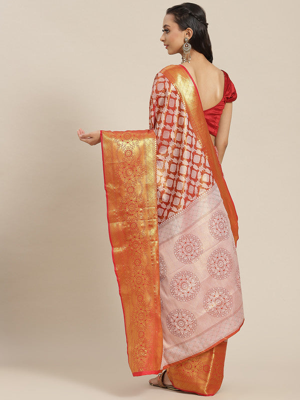 Red Brocade Saree with Woven Zari Floral Design and Blouse Piece