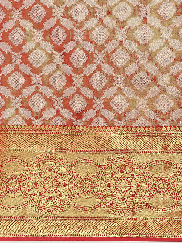 Red Brocade Saree with Woven Zari Floral Design and Blouse Piece