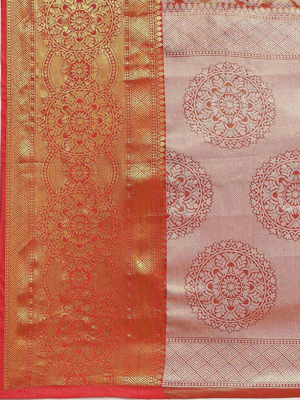 Red Brocade Saree with Woven Zari Floral Design and Blouse Piece