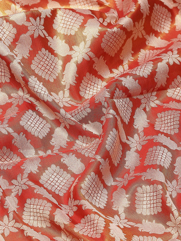 Red Brocade Saree with Woven Zari Floral Design and Blouse Piece