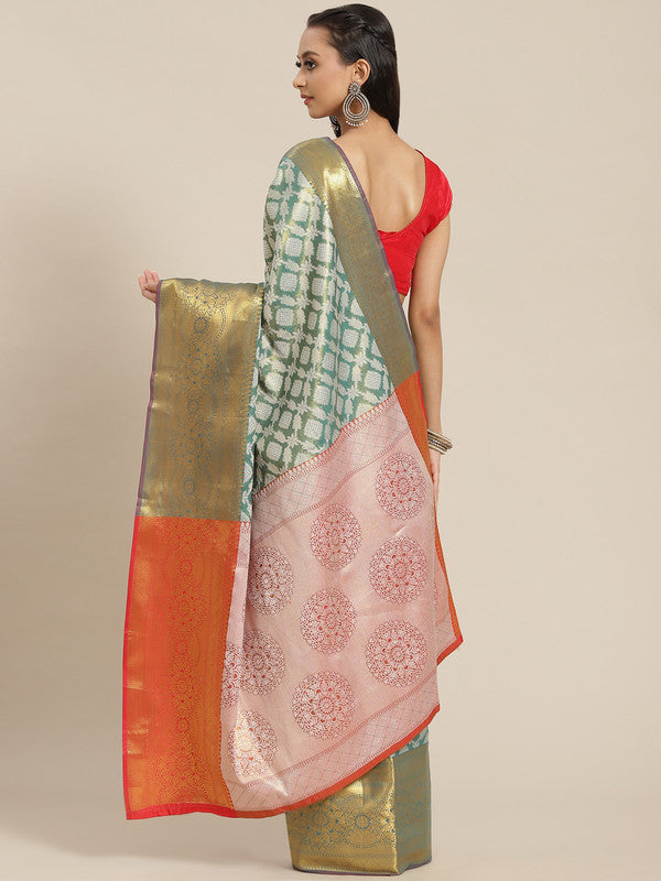 Turquoise Brocade Woven Zari Floral Saree with Unstitched Blouse