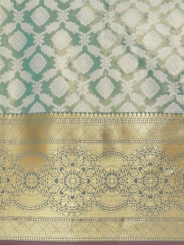 Turquoise Brocade Woven Zari Floral Saree with Unstitched Blouse
