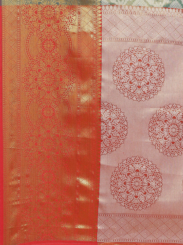 Turquoise Brocade Woven Zari Floral Saree with Unstitched Blouse