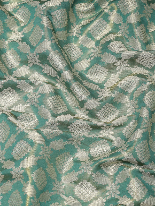 Turquoise Brocade Woven Zari Floral Saree with Unstitched Blouse