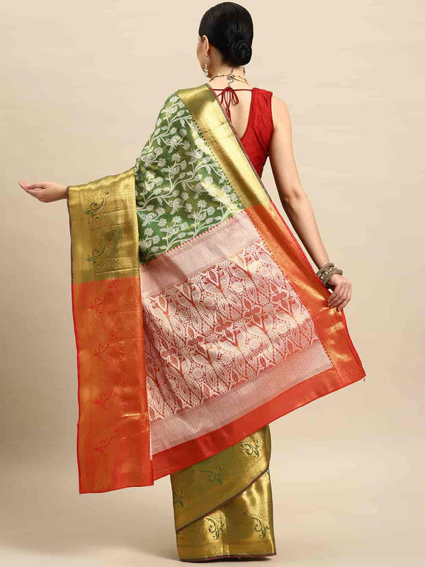 Green Brocade Saree with Floral Woven Zari Design and Blouse