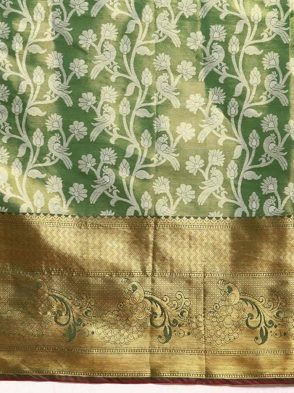 Green Brocade Saree with Floral Woven Zari Design and Blouse