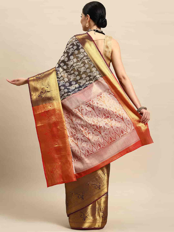 Navy Blue Brocade Saree with Floral Zari Design & Blouse