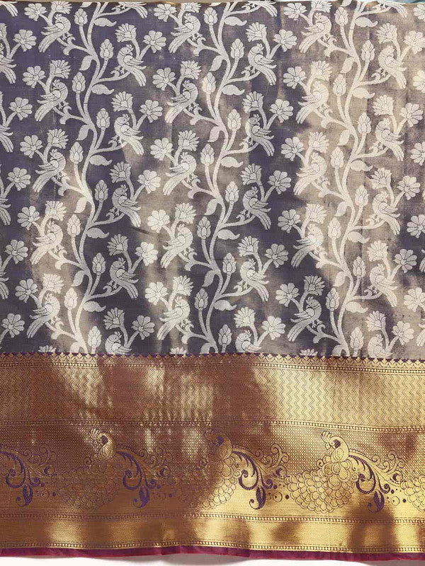 Navy Blue Brocade Saree with Floral Zari Design & Blouse