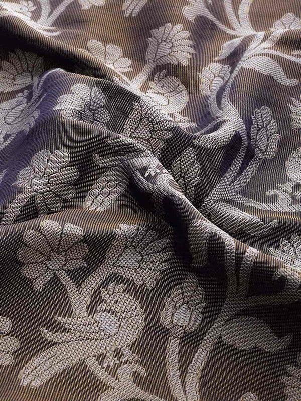 Navy Blue Brocade Saree with Floral Zari Design & Blouse