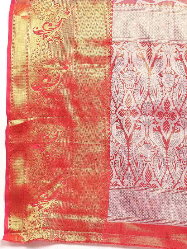 Pink Brocade Woven Zari Design Floral Saree with Unstitched Blouse - Hiral Fashion