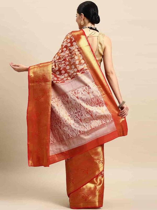 Red Brocade Woven Zari Floral Saree with Blouse