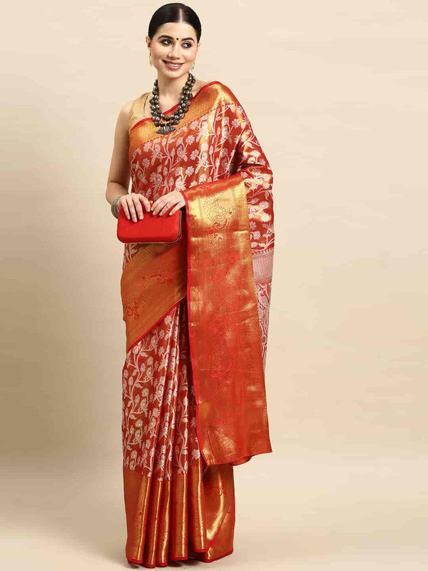 Red brocade saree with intricate woven zari floral pattern and unstitched blouse