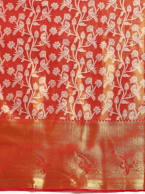 Red Brocade Woven Zari Floral Saree with Blouse