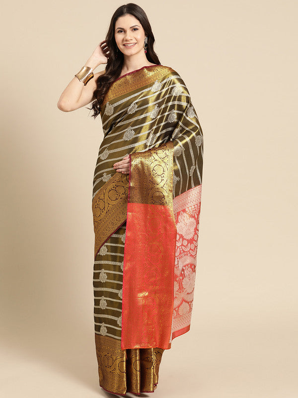 Black silk blend saree featuring woven gold zari striped design.
