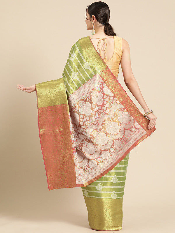 Green Silk Blend Woven Zari Striped Saree with Blouse Piece