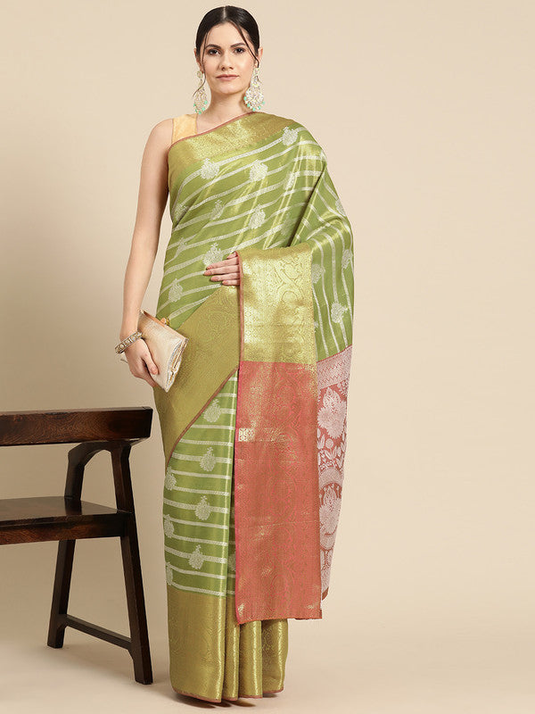Green Silk Blend saree with woven Zari stripes and matching unstitched blouse