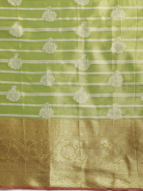 Green Silk Blend Woven Zari Striped Saree with Blouse Piece